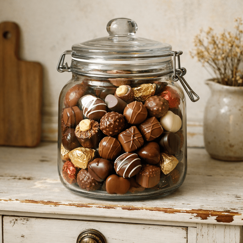 Glass jar filled with various assorted chocolates and truffles on a wooden surface