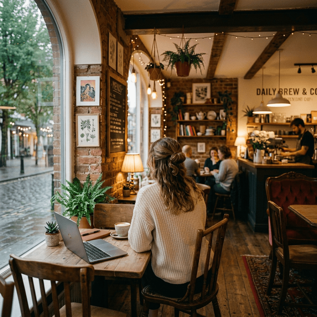 Woman drinking coffee beside a rainy café window