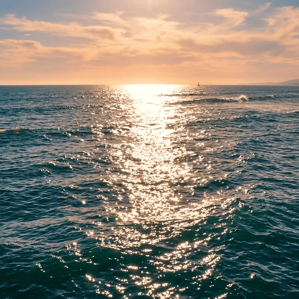 Sunset reflecting across ocean waves with distant sailboats and coastline
